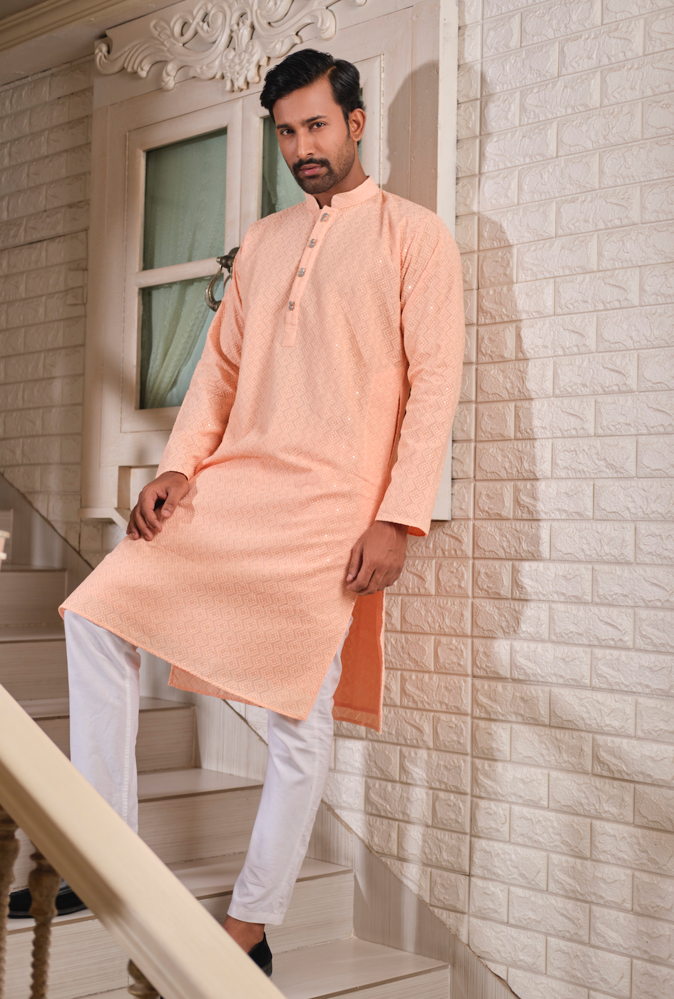 Premium Quality Sequin Panjabi (Peach) with Pant